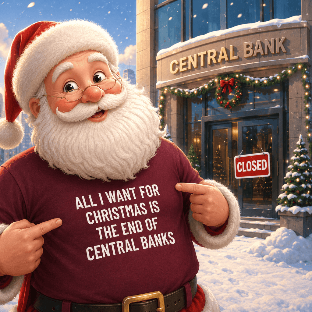 ALL I WANT FOR CHRISTMAS IS THE END OF CENTRAL BANKS statement t-shirt featured front | BASED ALT-WEAR