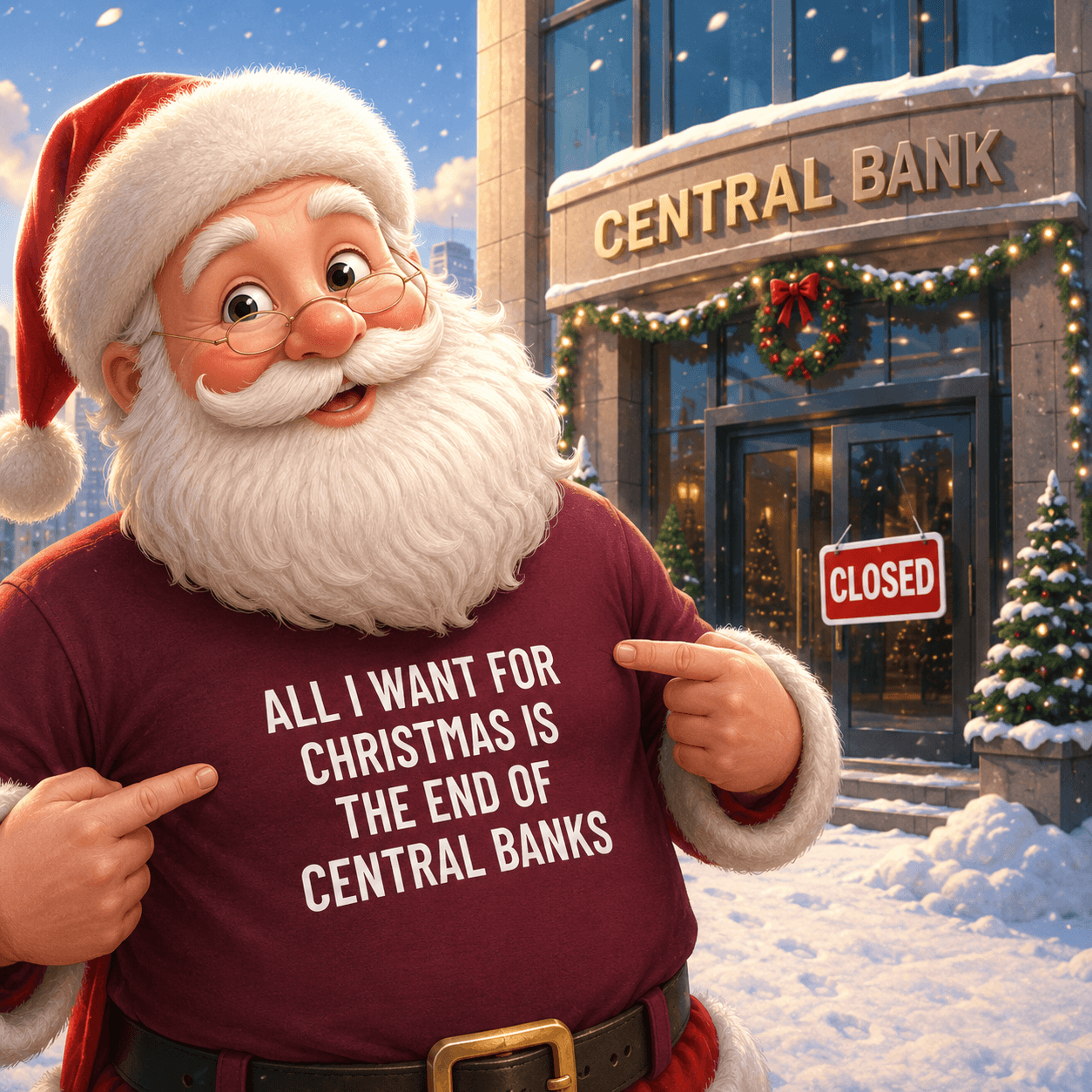 ALL I WANT FOR CHRISTMAS IS THE END OF CENTRAL BANKS statement t-shirt featured front | BASED ALT-WEAR
