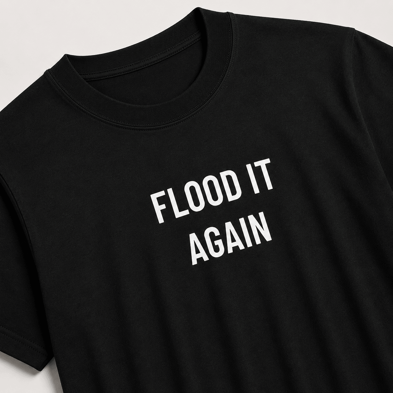 FLOOD IT AGAIN biblical dark-humor statement t-shirt featured back | BASED ALT-WEAR
