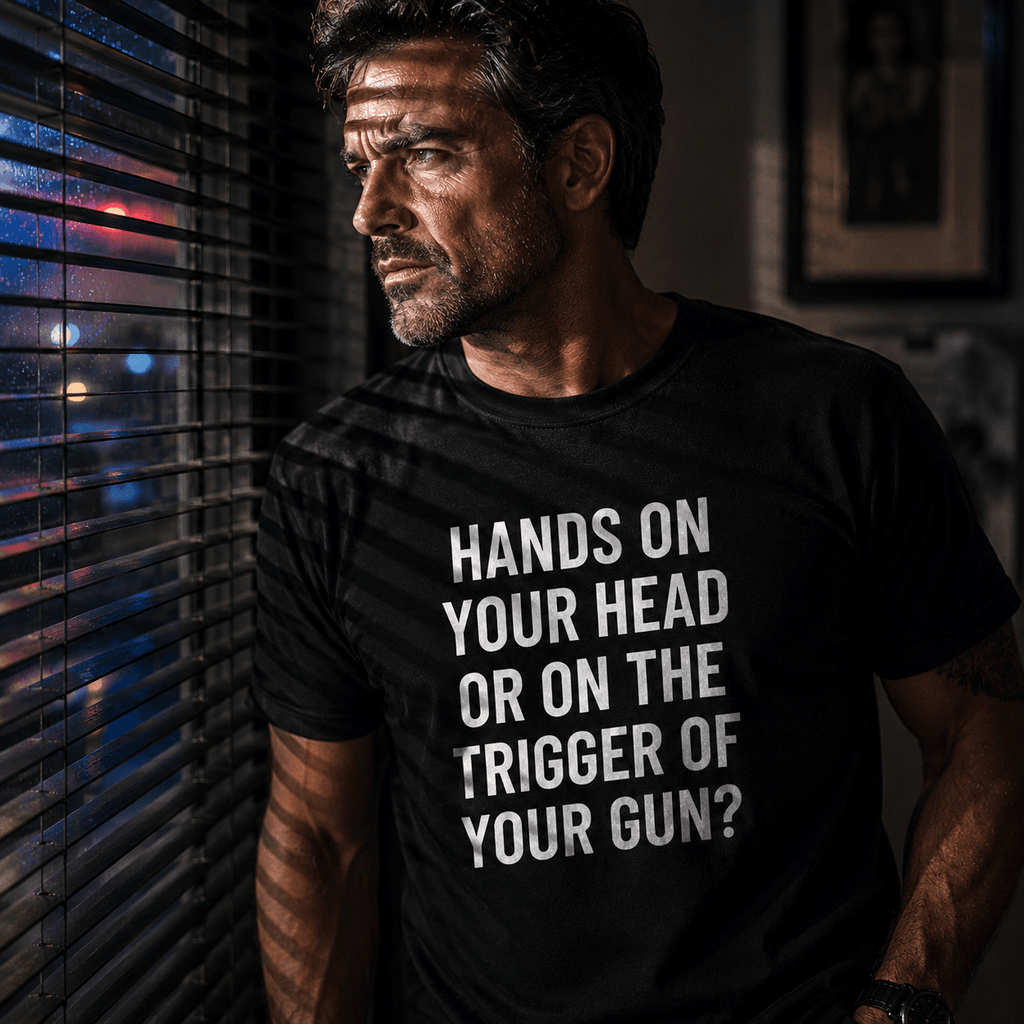 HANDS ON YOUR HEAD OR ON THE TRIGGER OF YOUR GUN pro-Second-Amendment statement t-shirt | BASED ALT-WEAR