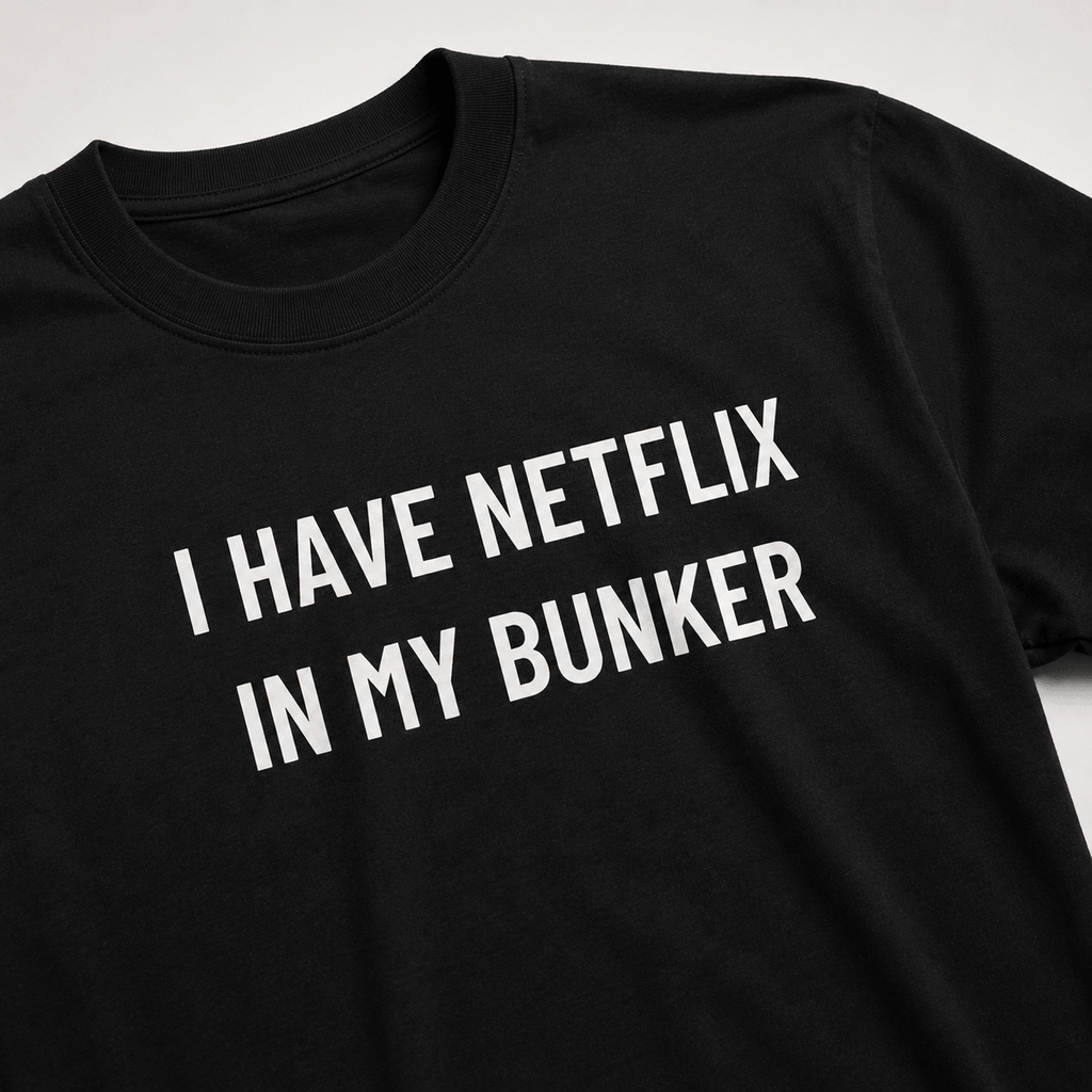 I HAVE NETFLIX IN MY BUNKER comfort-prepper satire statement t-shirt | BASED ALT-WEAR