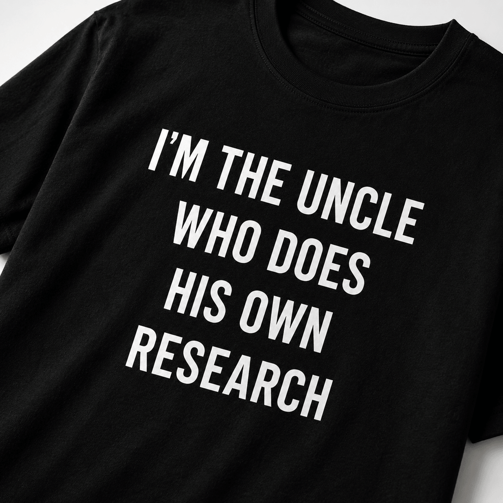 I'M THE UNCLE WHO DOES HIS OWN RESEARCH conspiracy humor statement t-shirt featured | BASED ALT-WEAR