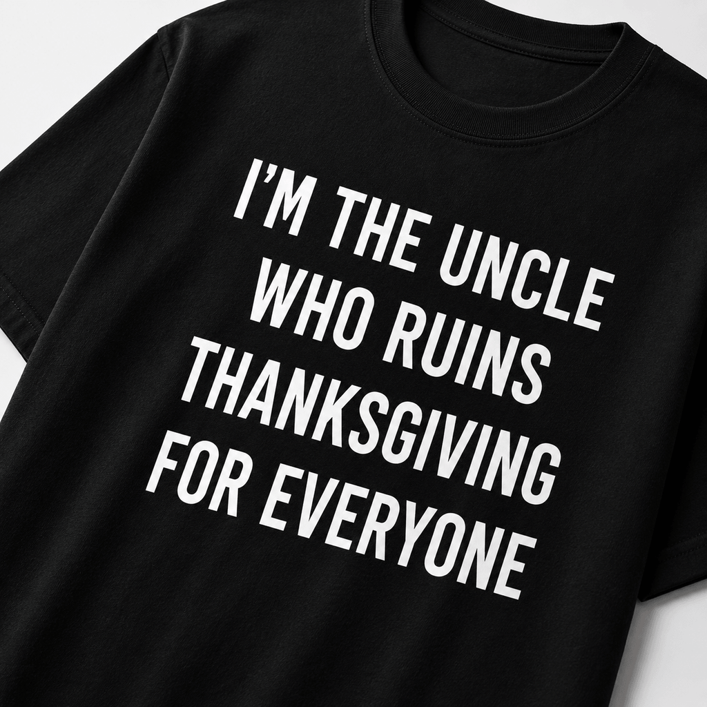 I'M THE UNCLE WHO RUINS THANKSGIVING FOR EVERYONE family humor statement t-shirt featured | BASED ALT-WEAR