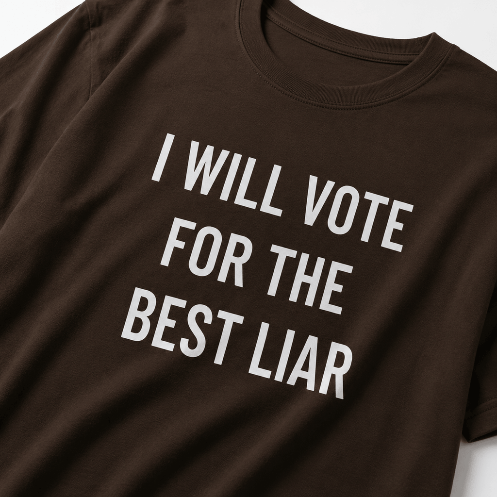 I WILL VOTE FOR THE BEST LIAR anti-politics satire statement t-shirt featured front | BASED ALT-WEAR