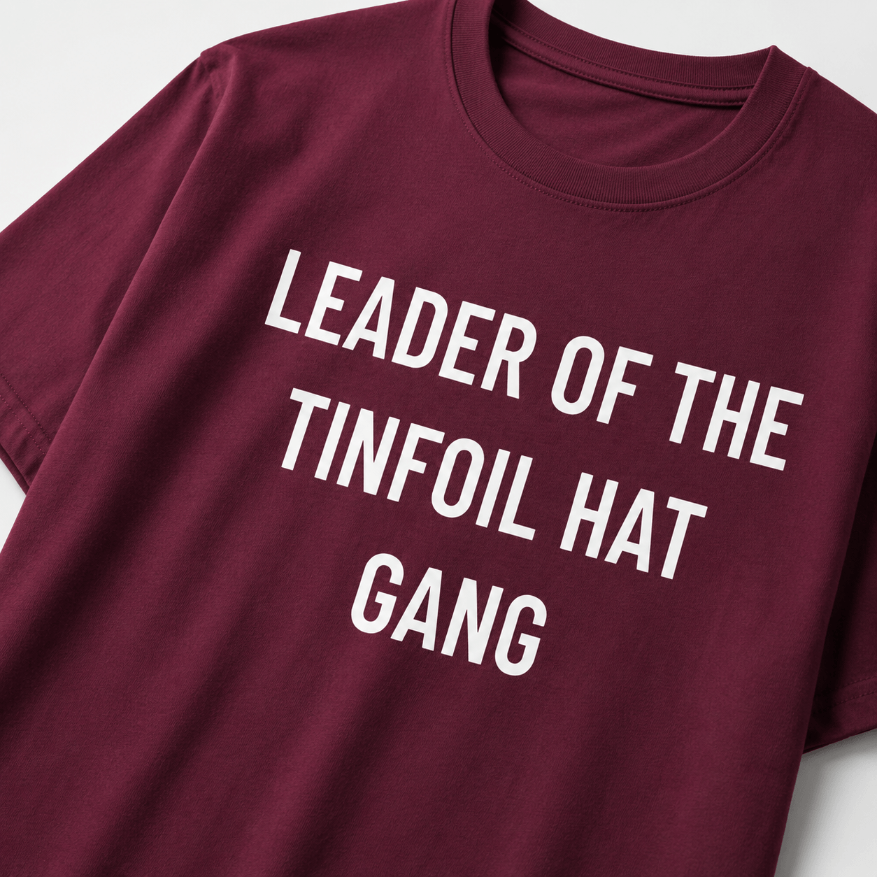LEADER OF THE TINFOIL HAT GANG conspiracy humor statement t-shirt featured back | BASED ALT-WEAR
