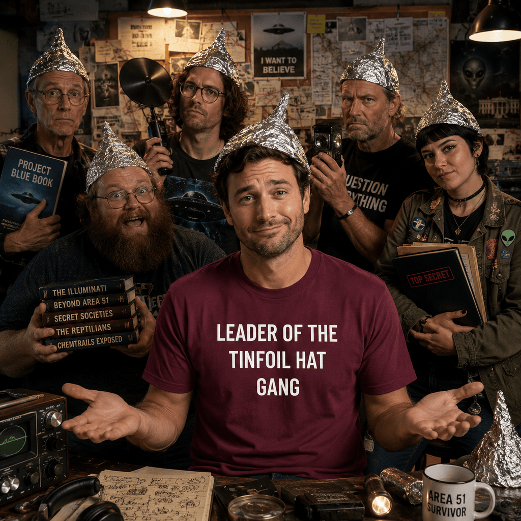 LEADER OF THE TINFOIL HAT GANG conspiracy humor statement t-shirt featured front | BASED ALT-WEAR