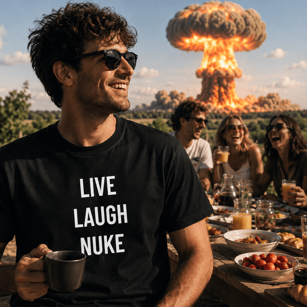 LIVE LAUGH NUKE dark-humor statement t-shirt featured | BASED ALT-WEAR