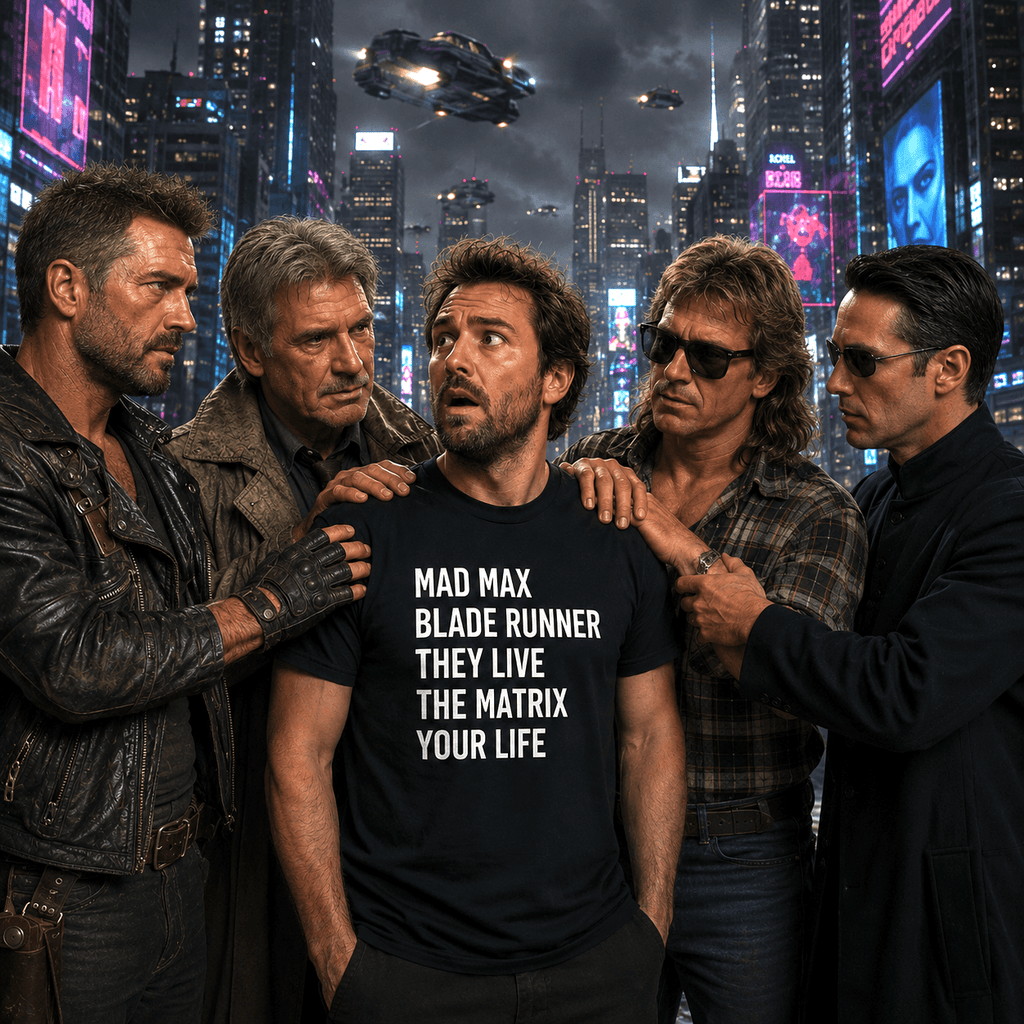 MAD MAX BLADE RUNNER THEY LIVE THE MATRIX YOUR LIFE dystopian cinema statement t-shirt | BASED ALT-WEAR