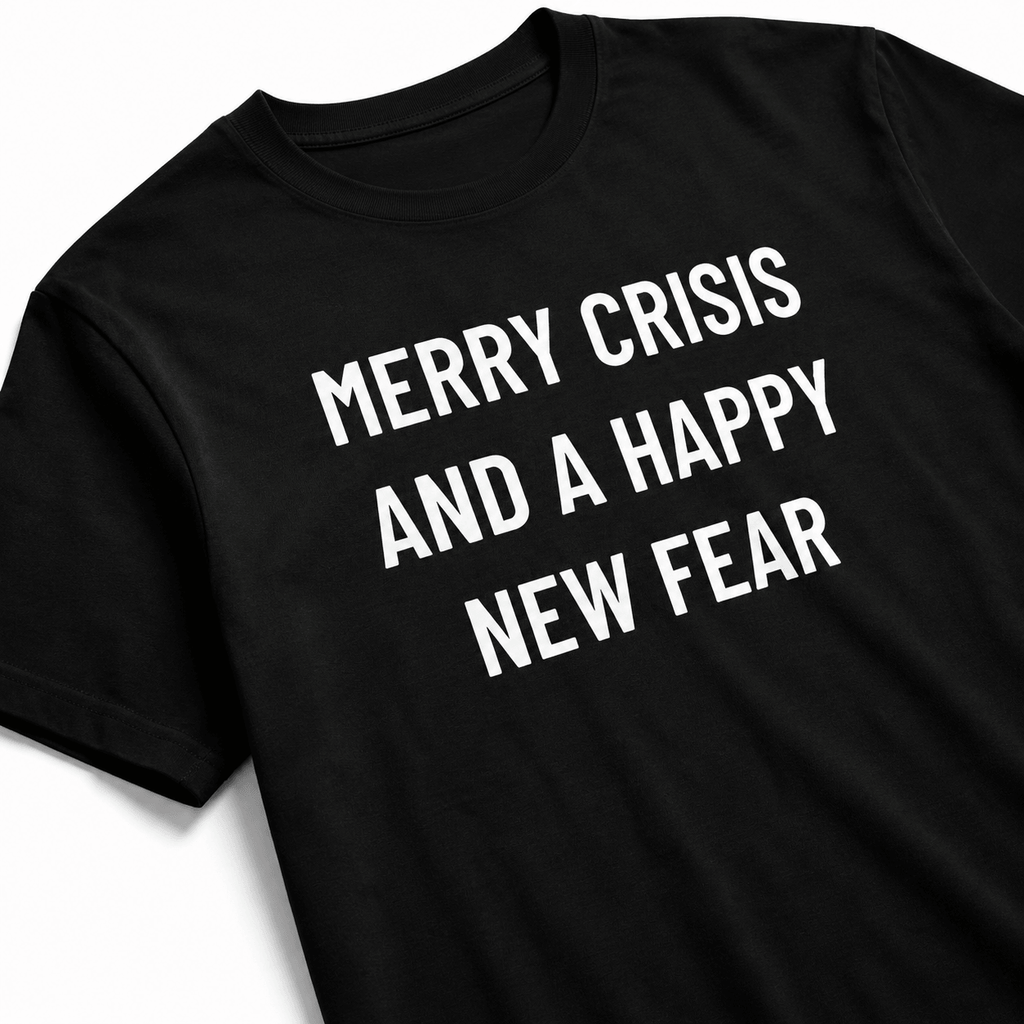 MERRY CRISIS AND A HAPPY NEW FEAR dark-humor holiday statement t-shirt | BASED ALT-WEAR