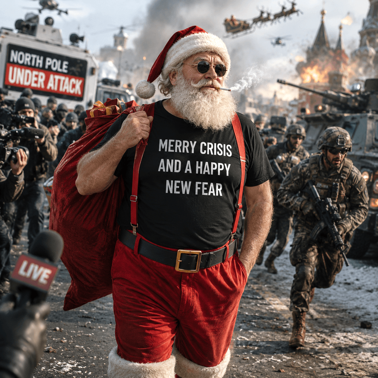 MERRY CRISIS AND A HAPPY NEW FEAR dark-humor holiday statement t-shirt | BASED ALT-WEAR