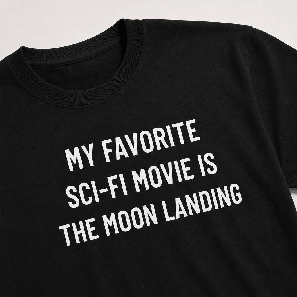 MY FAVORITE SCI-FI MOVIE IS THE MOON LANDING moon-hoax satire statement t-shirt | BASED ALT-WEAR