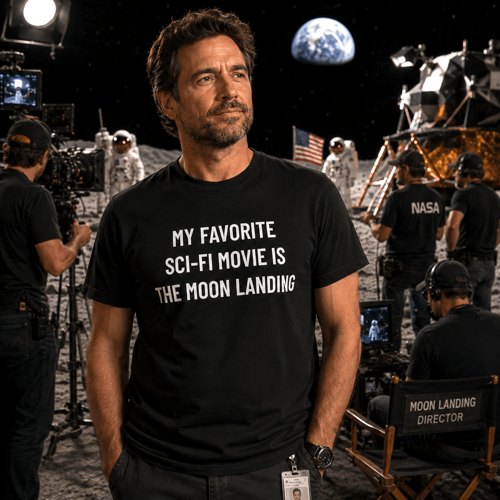 MY FAVORITE SCI-FI MOVIE IS THE MOON LANDING moon-hoax satire statement t-shirt | BASED ALT-WEAR