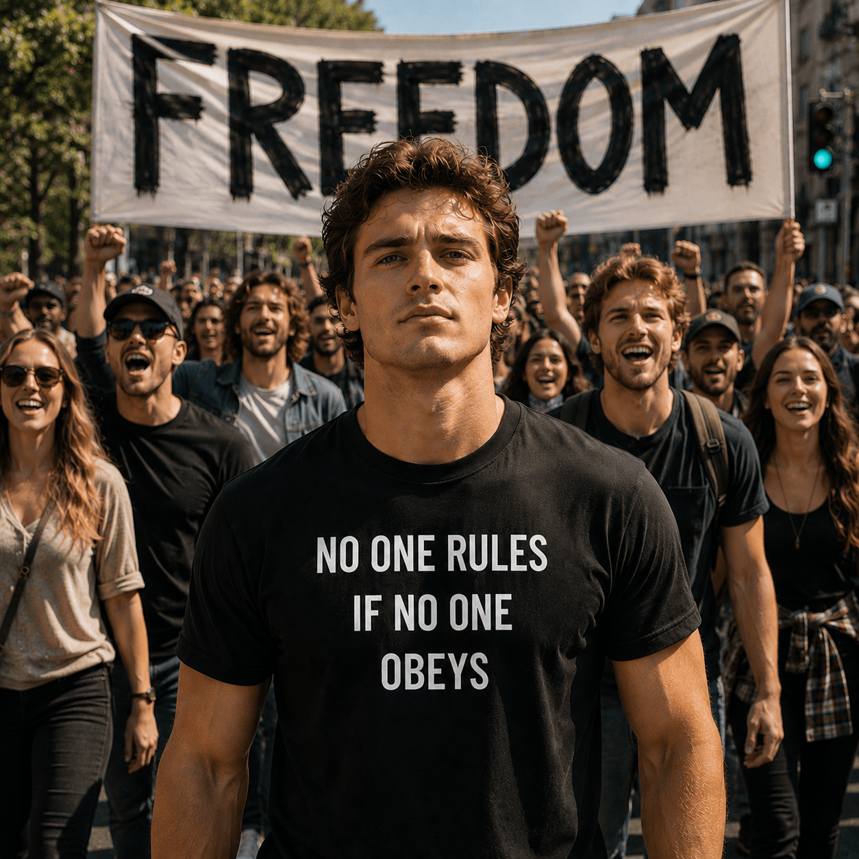 NO ONE RULES IF NO ONE OBEYS anti-authority statement t-shirt featured | BASED ALT-WEAR