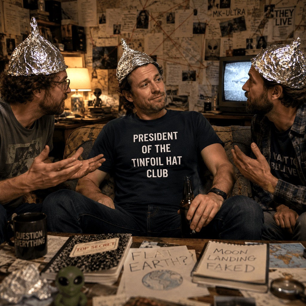 PRESIDENT OF THE TINFOIL HAT CLUB satirical conspiracy statement t-shirt | BASED ALT-WEAR