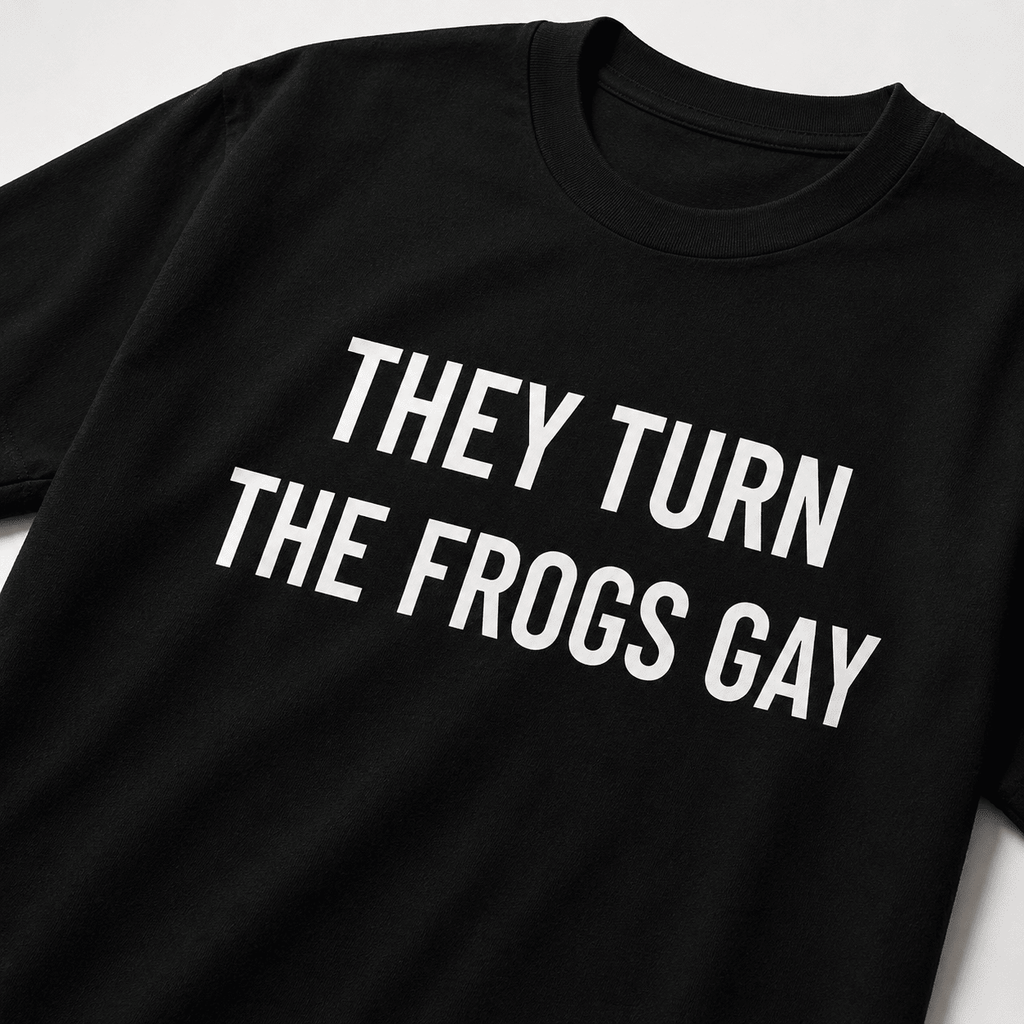 THEY TURN THE FROGS GAY Alex Jones tribute satire statement t-shirt | BASED ALT-WEAR