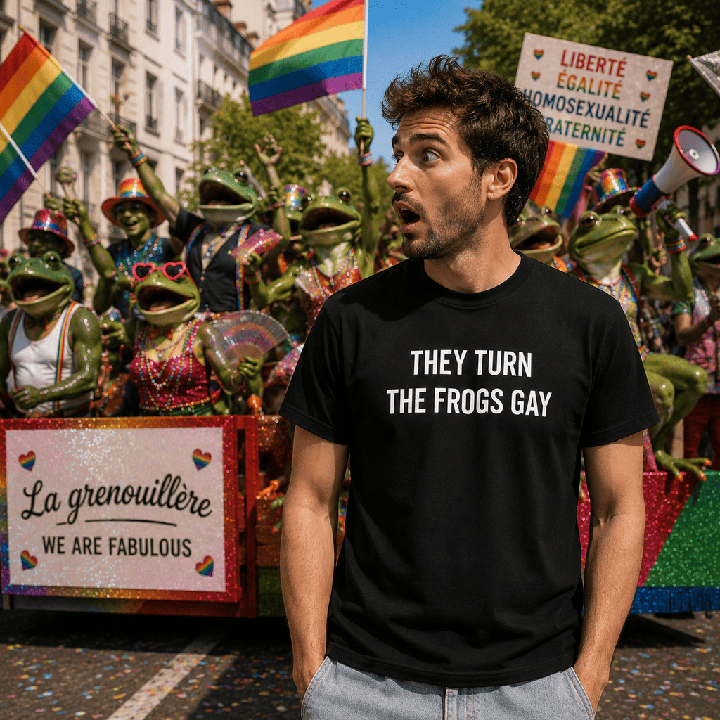 THEY TURN THE FROGS GAY Alex Jones tribute satire statement t-shirt | BASED ALT-WEAR