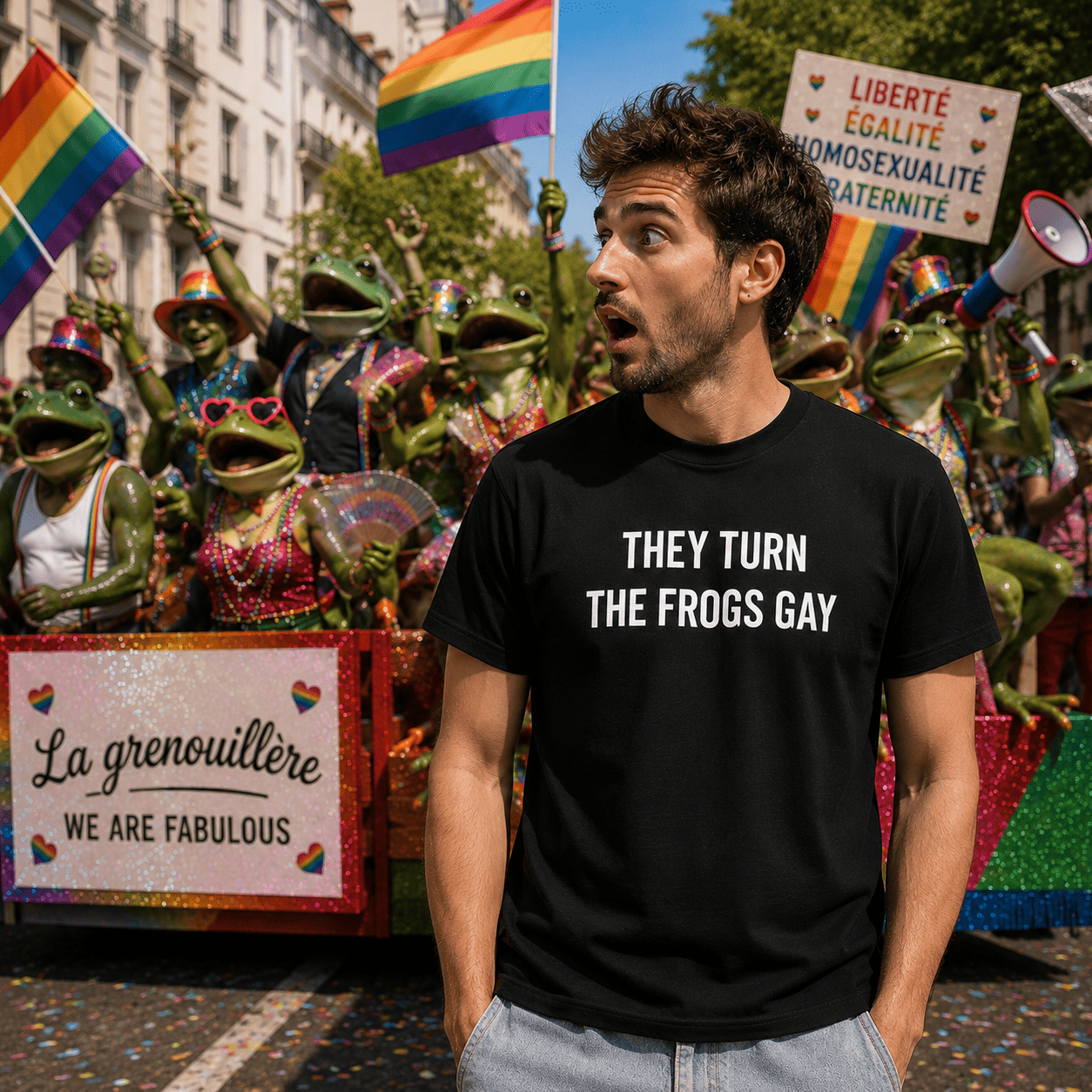 THEY TURN THE FROGS GAY Alex Jones tribute satire statement t-shirt | BASED ALT-WEAR