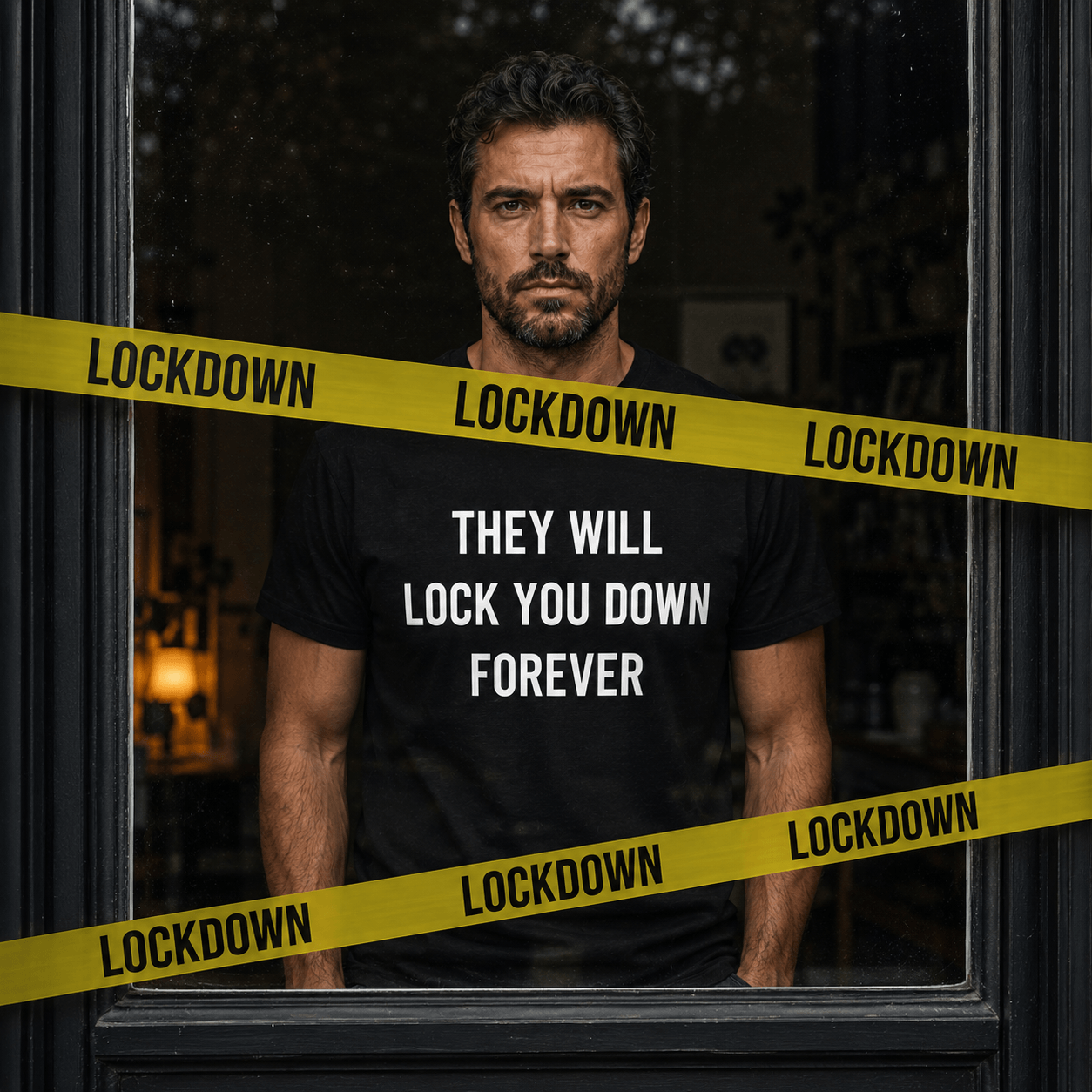 THEY WILL LOCK YOU DOWN FOREVER anti-lockdown statement t-shirt featured front | BASED ALT-WEAR