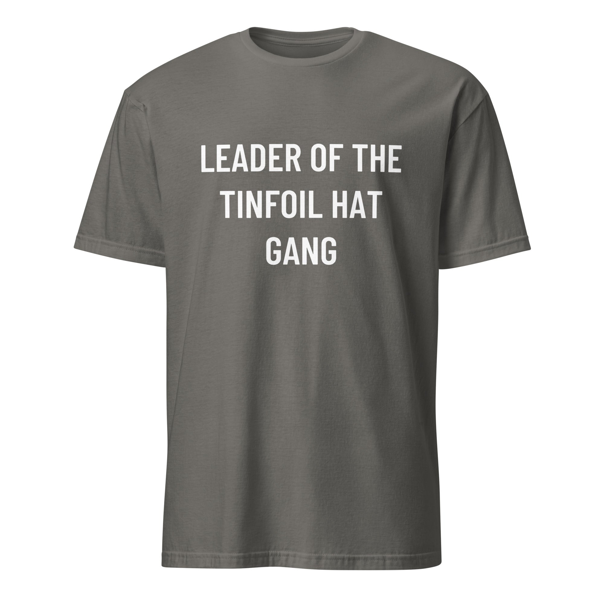 LEADER OF THE TINFOIL HAT GANG conspiracy humor statement t-shirt in Grey | BASED ALT-WEAR