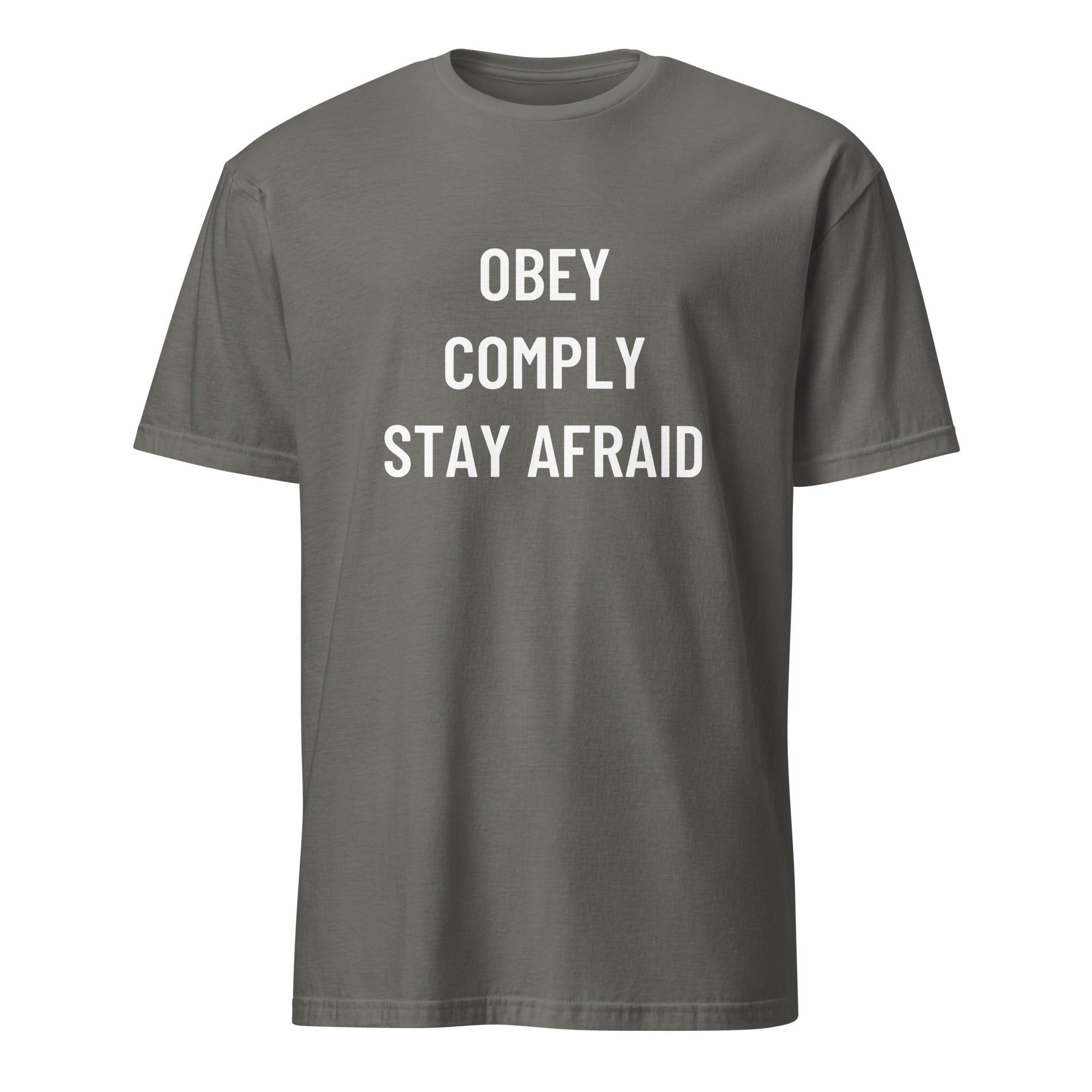 OBEY COMPLY STAY AFRAID anti-authoritarian blackpill statement t-shirt in Grey | BASED ALT-WEAR
