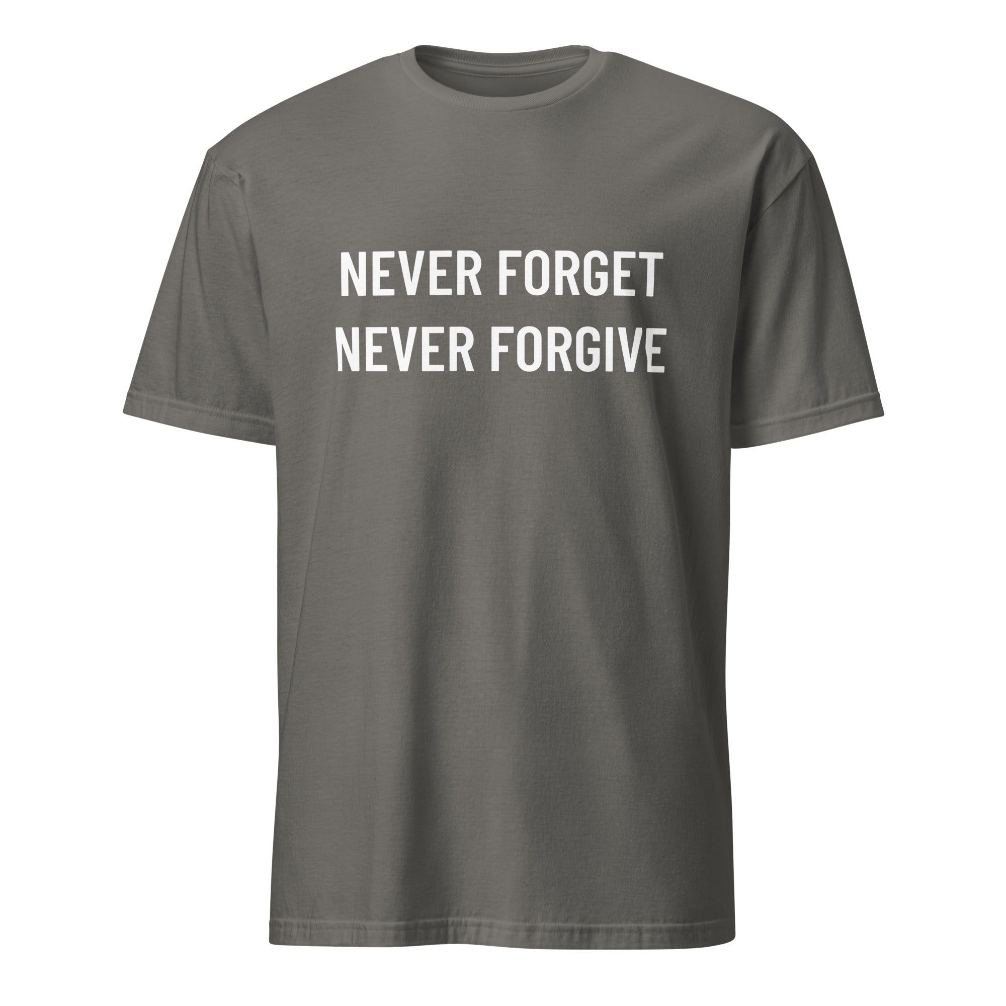 NEVER FORGET NEVER FORGIVE defiant post-2020 statement t-shirt in Grey | BASED ALT-WEAR