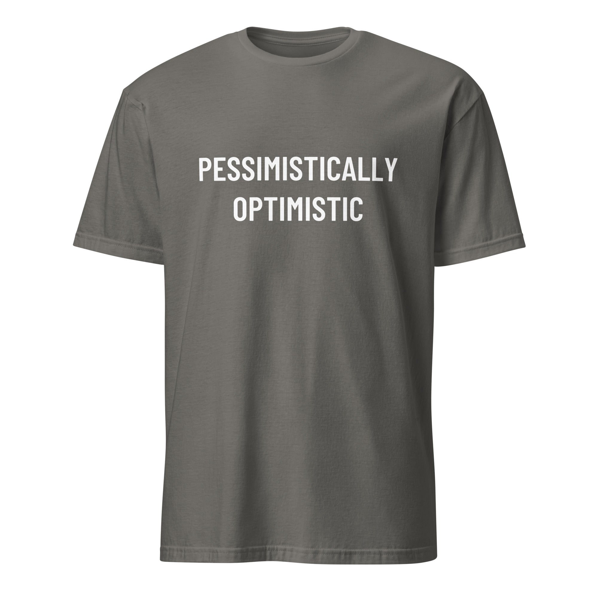 PESSIMISTICALLY OPTIMISTIC realist blackpill statement t-shirt in Grey | BASED ALT-WEAR