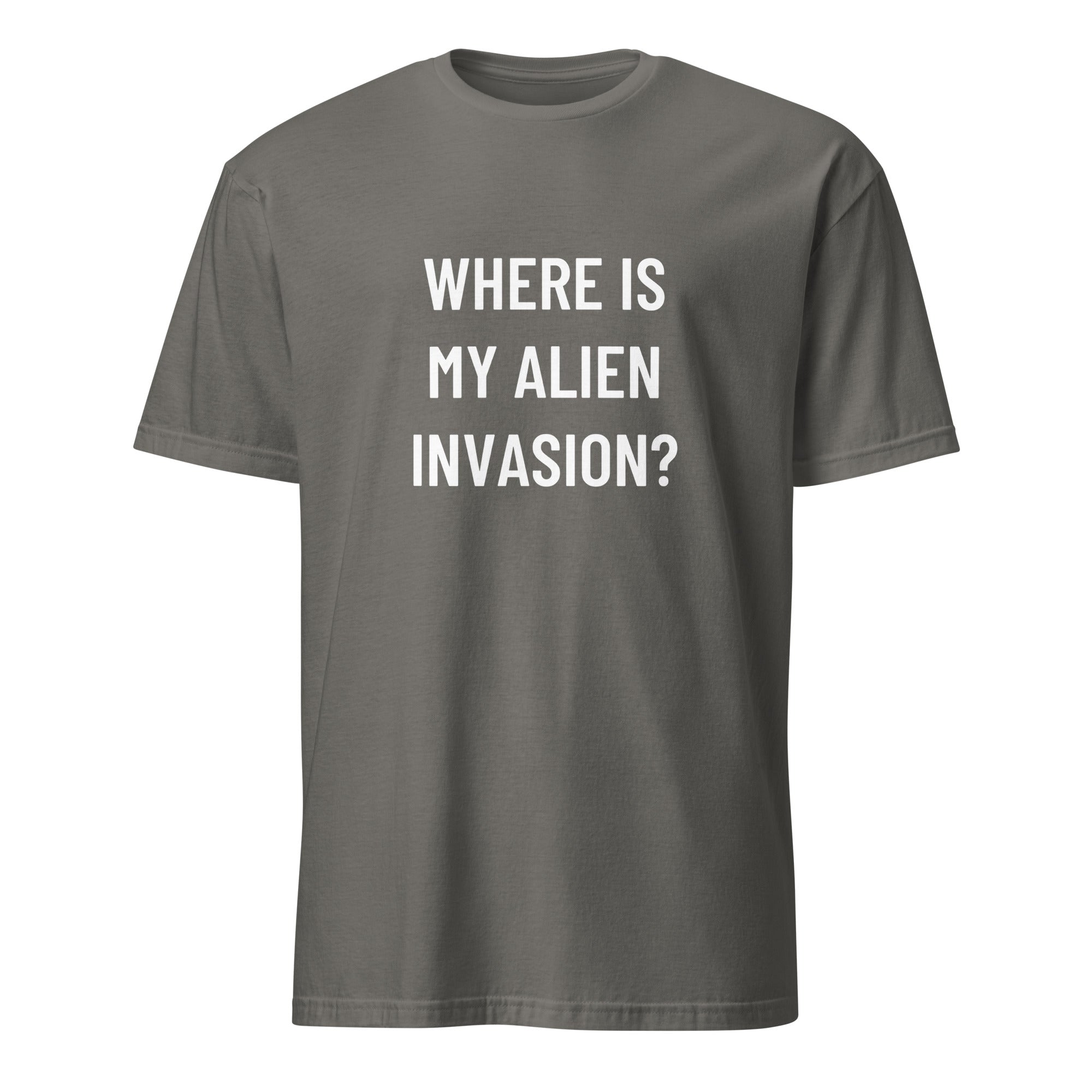 WHERE IS MY ALIEN INVASION? UFO-disclosure satire statement t-shirt in Grey | BASED ALT-WEAR