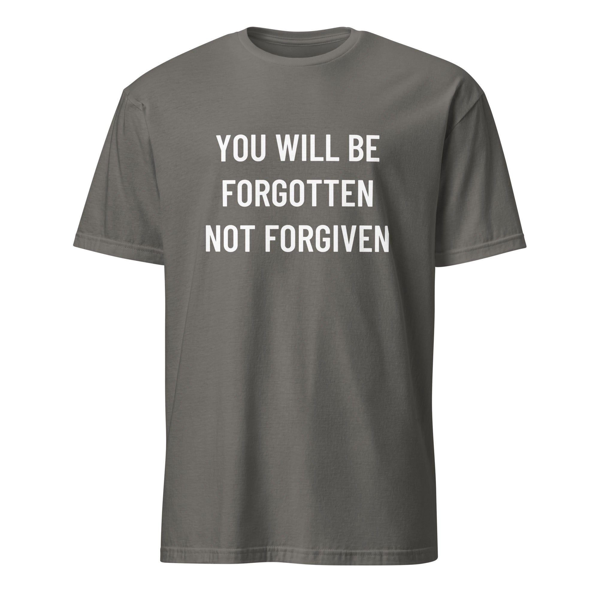 YOU WILL BE FORGOTTEN NOT FORGIVEN anti-establishment statement t-shirt in Grey | BASED ALT-WEAR