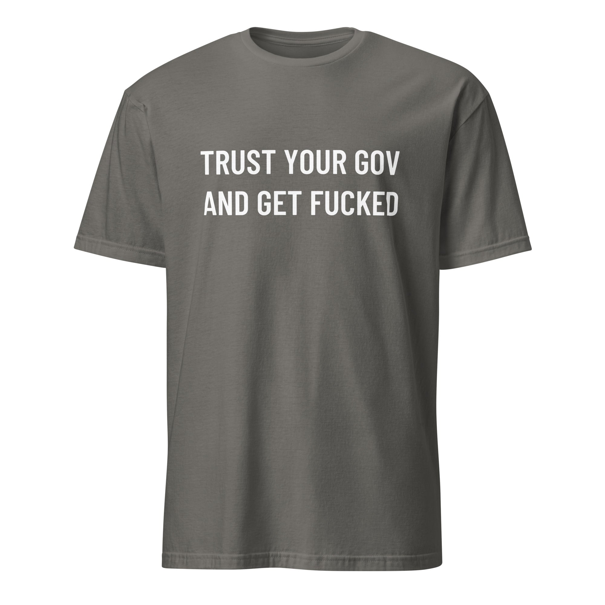 TRUST YOUR GOV AND GET FUCKED anti-government statement t-shirt in Grey | BASED ALT-WEAR