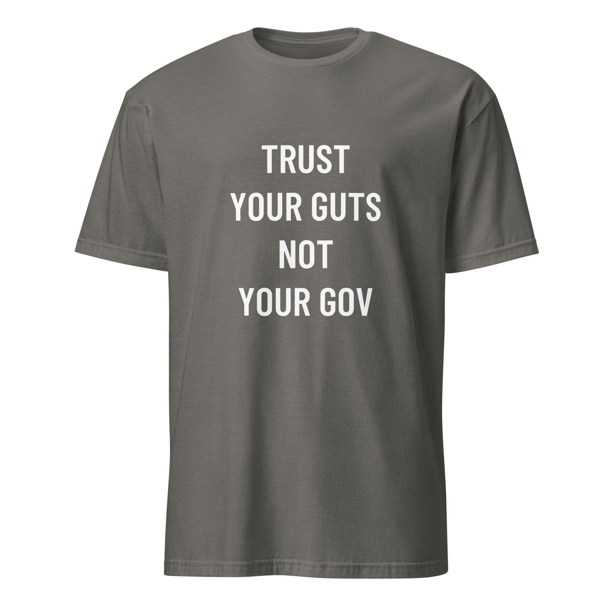TRUST YOUR GUTS NOT YOUR GOV anti-government statement t-shirt in Grey | BASED ALT-WEAR