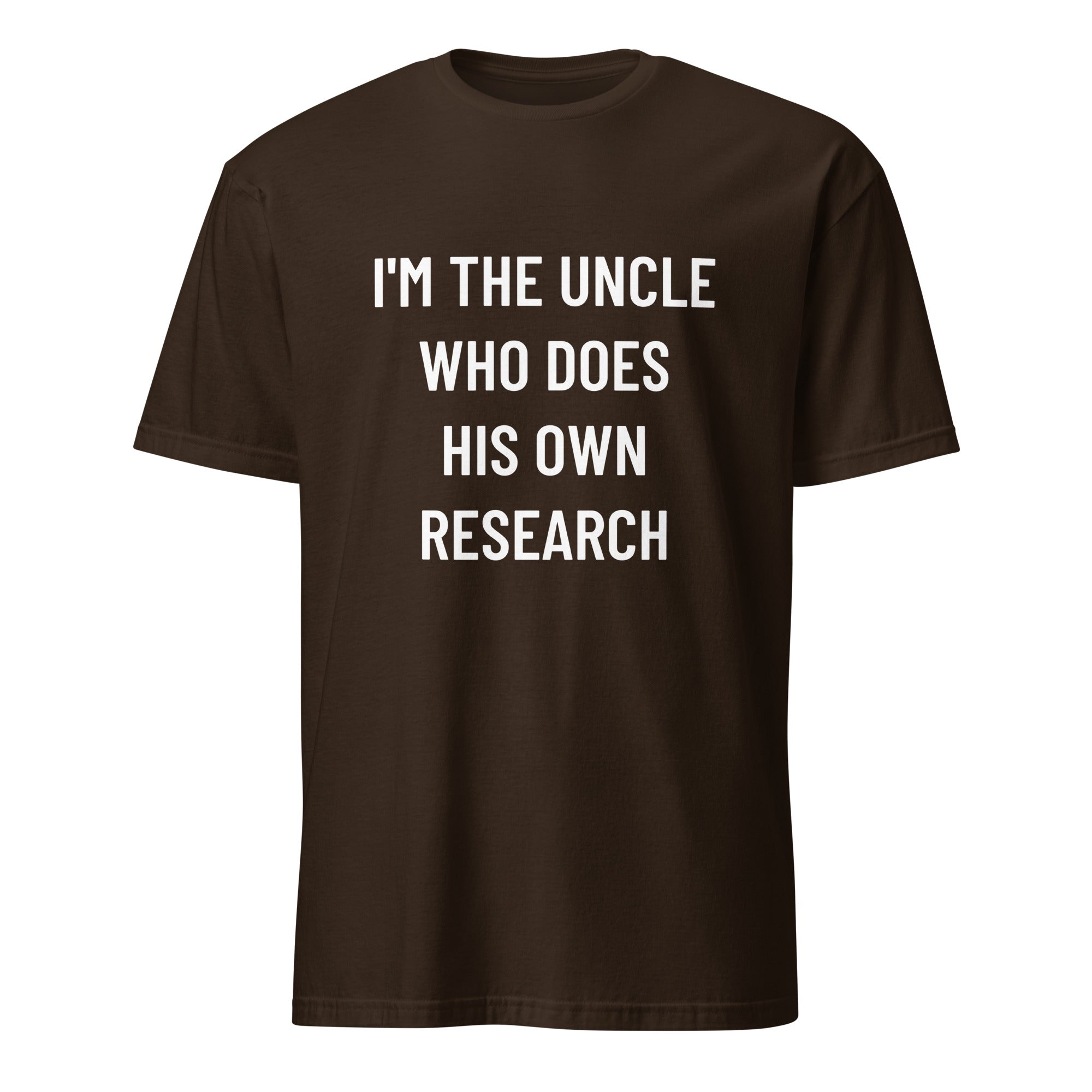 I'M THE UNCLE WHO DOES HIS OWN RESEARCH conspiracy humor statement t-shirt in Navy | BASED ALT-WEAR