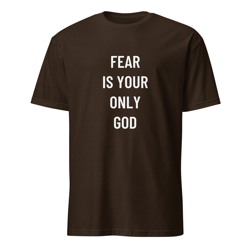 FEAR IS YOUR ONLY GOD anti-authoritarian blackpill statement t-shirt in Brown | BASED ALT-WEAR