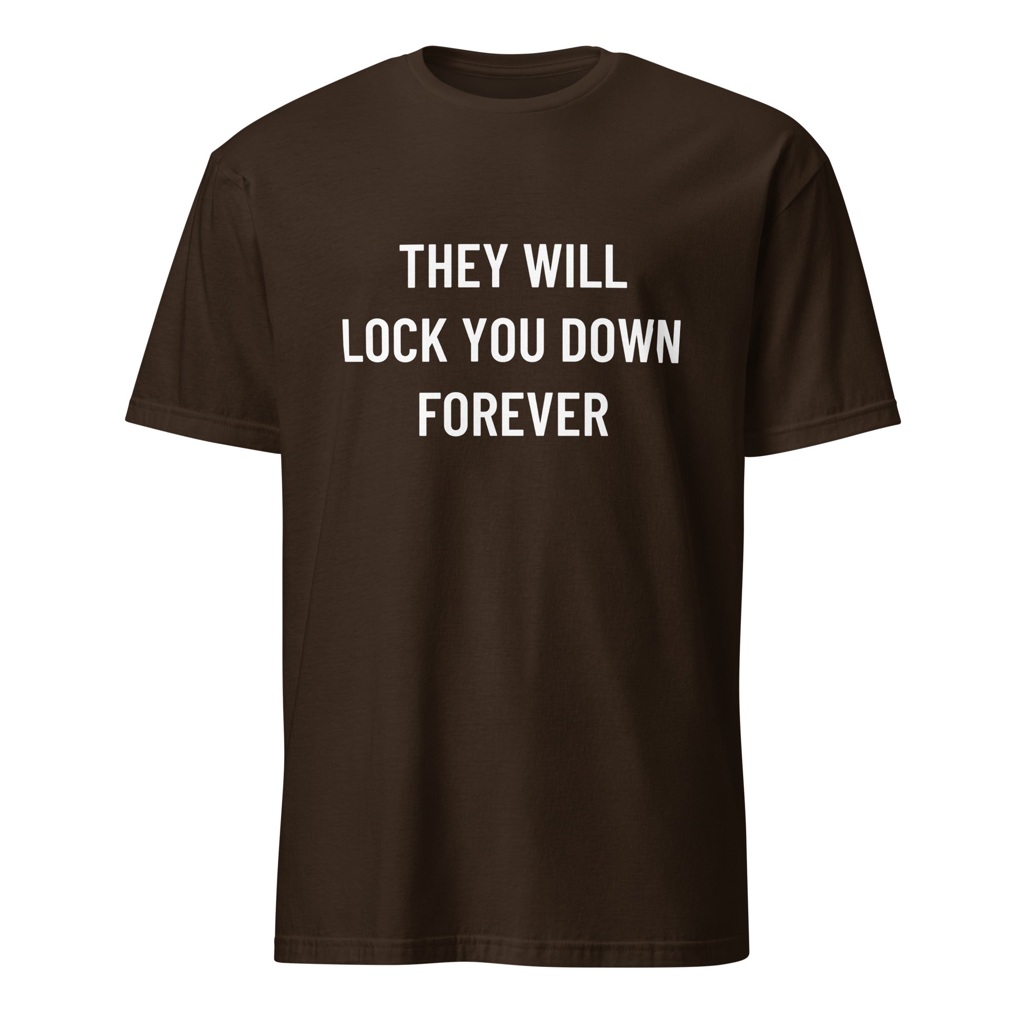 THEY WILL LOCK YOU DOWN FOREVER anti-lockdown statement t-shirt in Pink | BASED ALT-WEAR