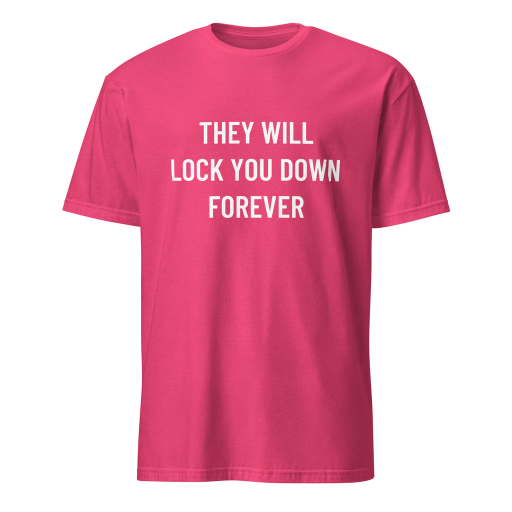 THEY WILL LOCK YOU DOWN FOREVER anti-lockdown statement t-shirt in Red | BASED ALT-WEAR