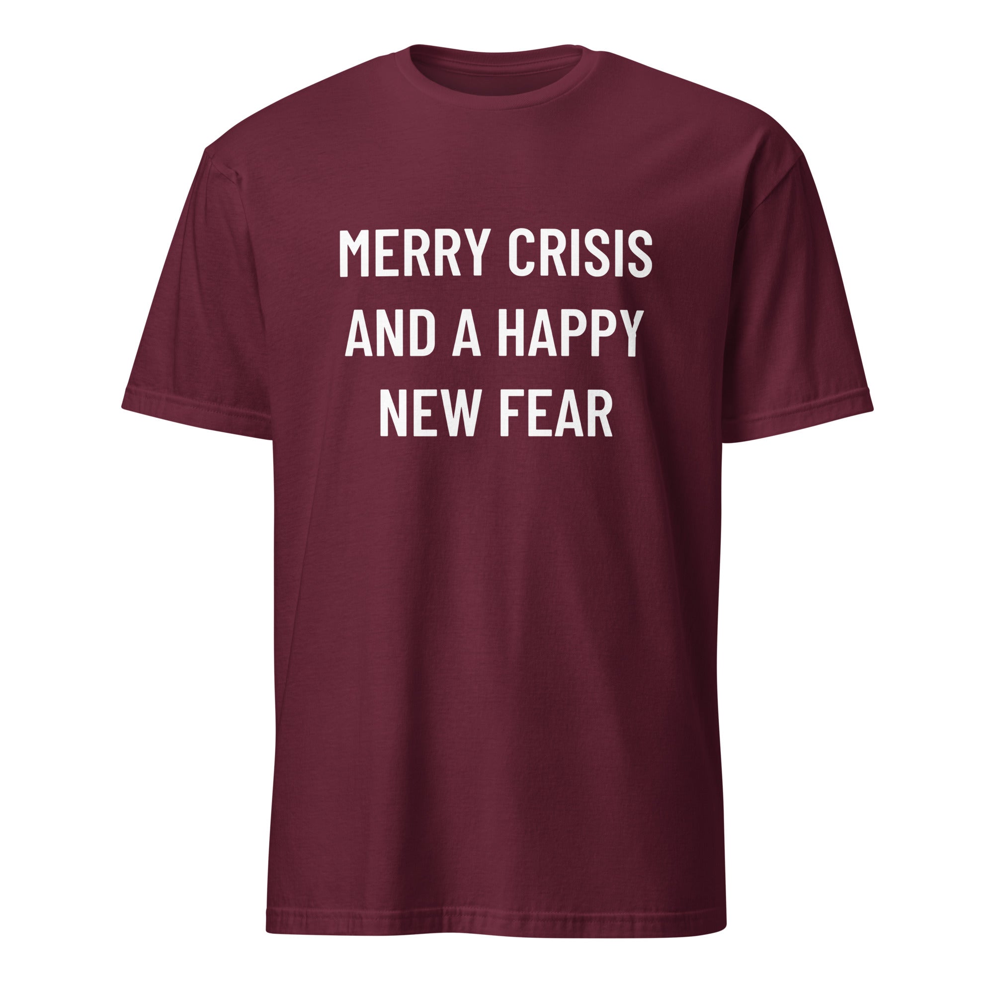 MERRY CRISIS AND A HAPPY NEW FEAR dark-humor statement t-shirt in Brown | BASED ALT-WEAR