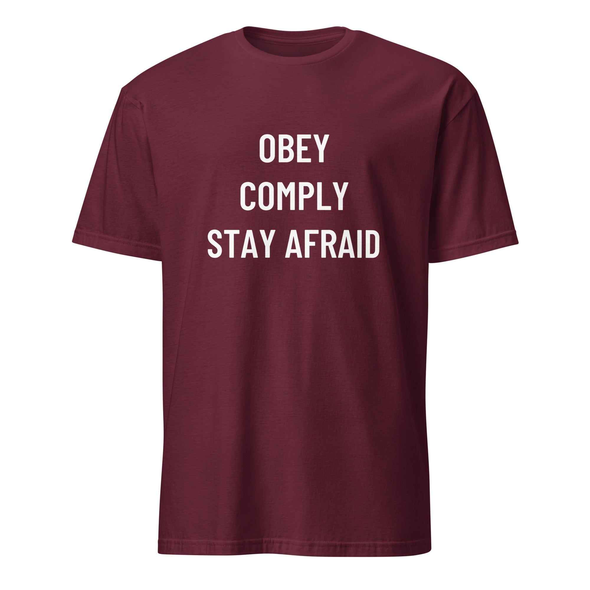OBEY COMPLY STAY AFRAID anti-authoritarian blackpill statement t-shirt in Brown | BASED ALT-WEAR