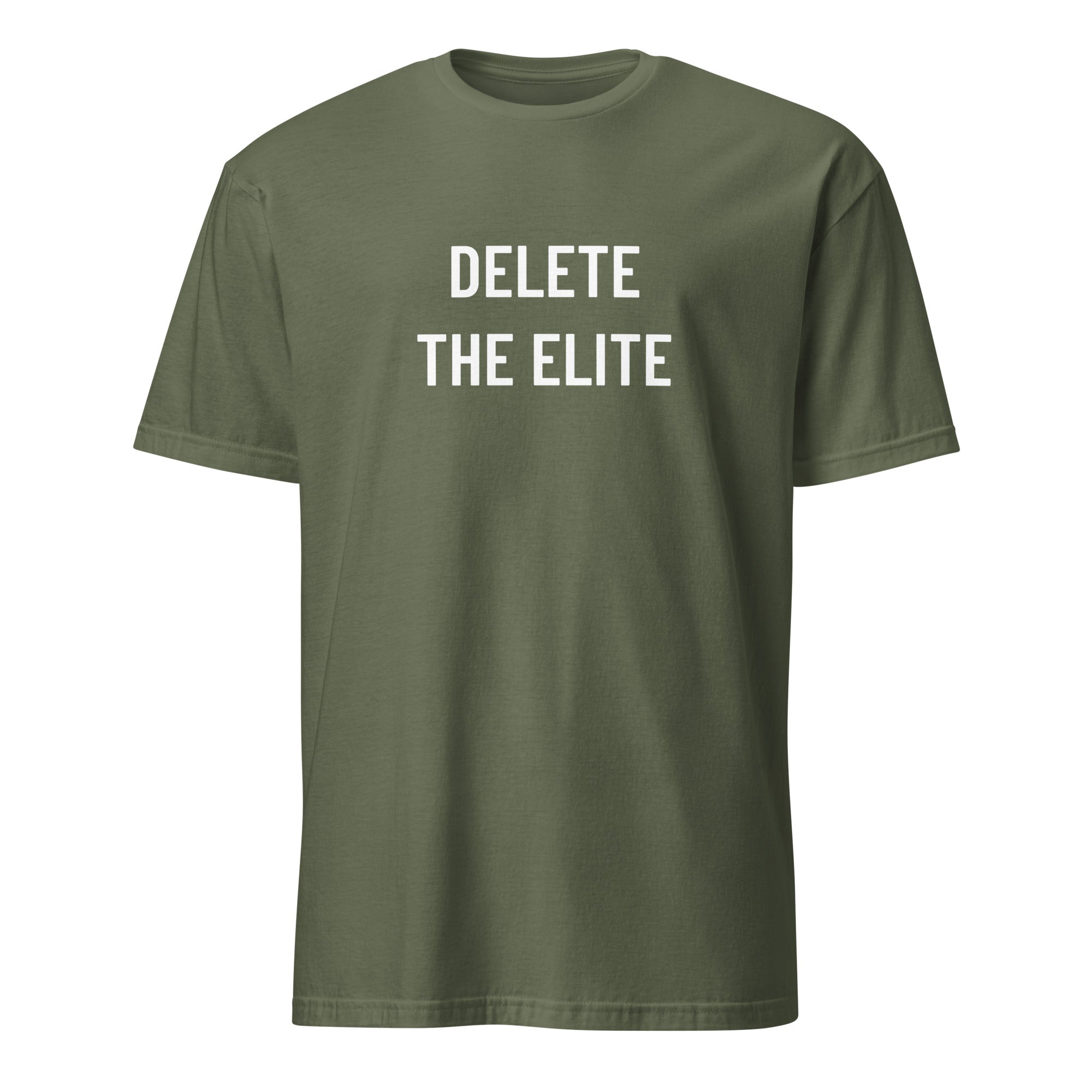DELETE THE ELITE counter-cultural statement t-shirt in Army | BASED ALT-WEAR