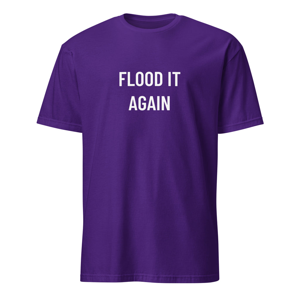 FLOOD IT AGAIN biblical dark-humor statement t-shirt in Purple | BASED ALT-WEAR